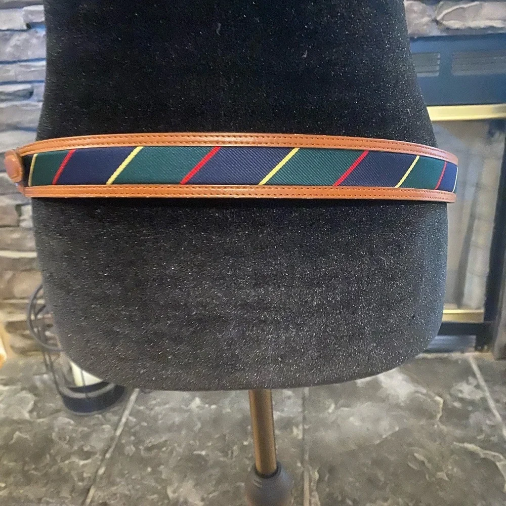 Lands' End Brown Leather-Trim Belt with Navy, Green & Red Stripes